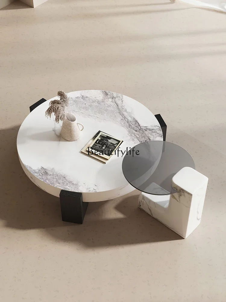 

yj19 Wabi-Sabi Style High-End Luxury Stone Marble Coffee Table Modern Minimalist Living Room White Ash Wood Round Tea Table