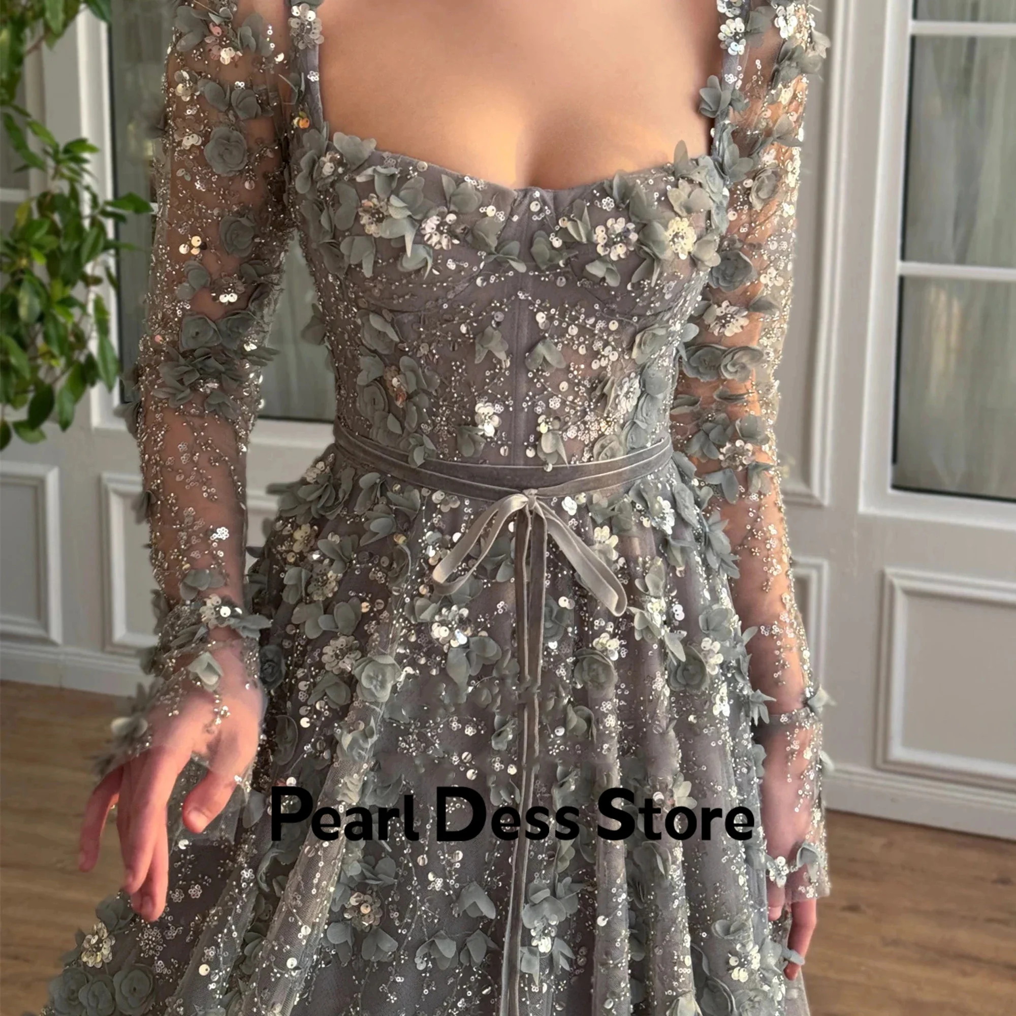 Pearl Embroidered Lace Dresses Gala Dresses Woman 2024 for Party Grey Elegant Chic Dress Es Square Collar Long Sleeves Evening