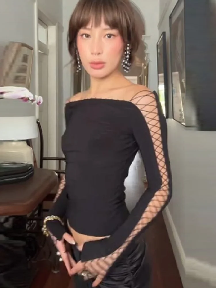 

Women Sexy Off Shoulder Backless Bandage Bodycon Top Y2k Long Sleeve Fishnet Hollow Out Slim T-shirt 2026 New Chic Lady Tops