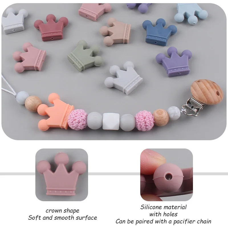 DIY 10Pcs Colorful Crown Silicone Baby Chew Beads Nursing Kid Safe Food Grade Pacifier Clip Chew Kid\'s Toy Safe Teether Pacifier