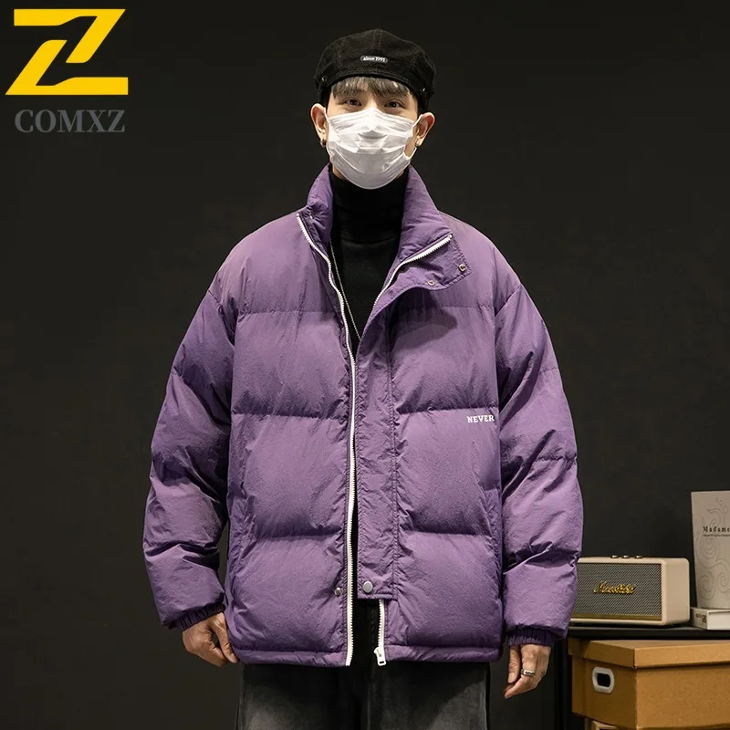 COMXZ 2025 الحد الأدنى الوقوف طوق سترة قطن الرجال الشتاء أسلوب بسيط سترة معطف بلون ملابس خارجية ملابس خروج غير رسمية