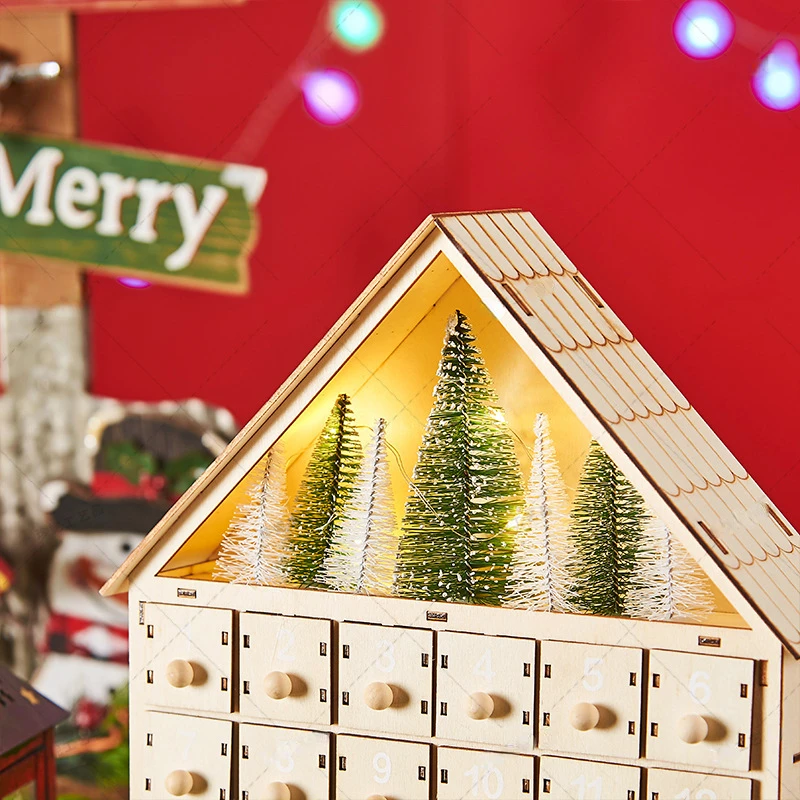 LED Advent Calendar Wooden Advent Calendar House with 24 Drawers Christmas Countdown Reusable Decoration