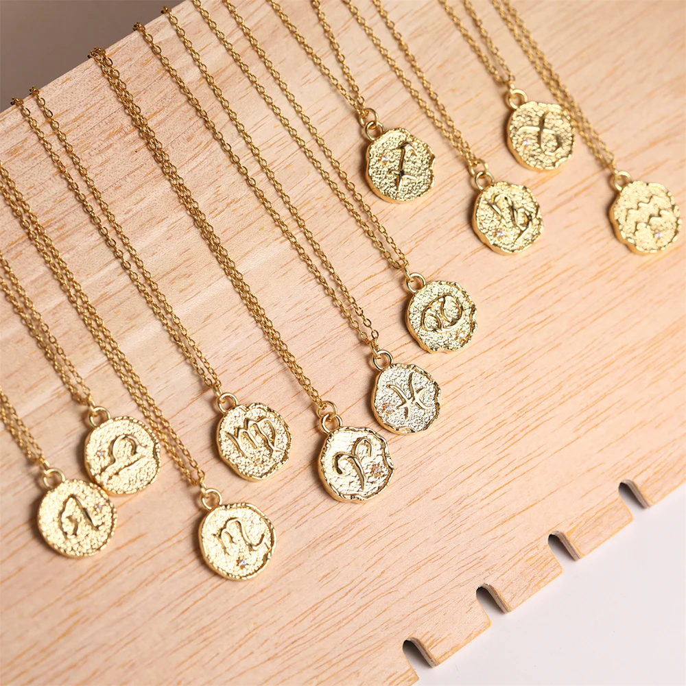 

Vintage Irregular Round Coin Zodiac Sign Necklace for Women Stainless Steel Lava Shape 12 Constellations Pendant Necklaces Gifts