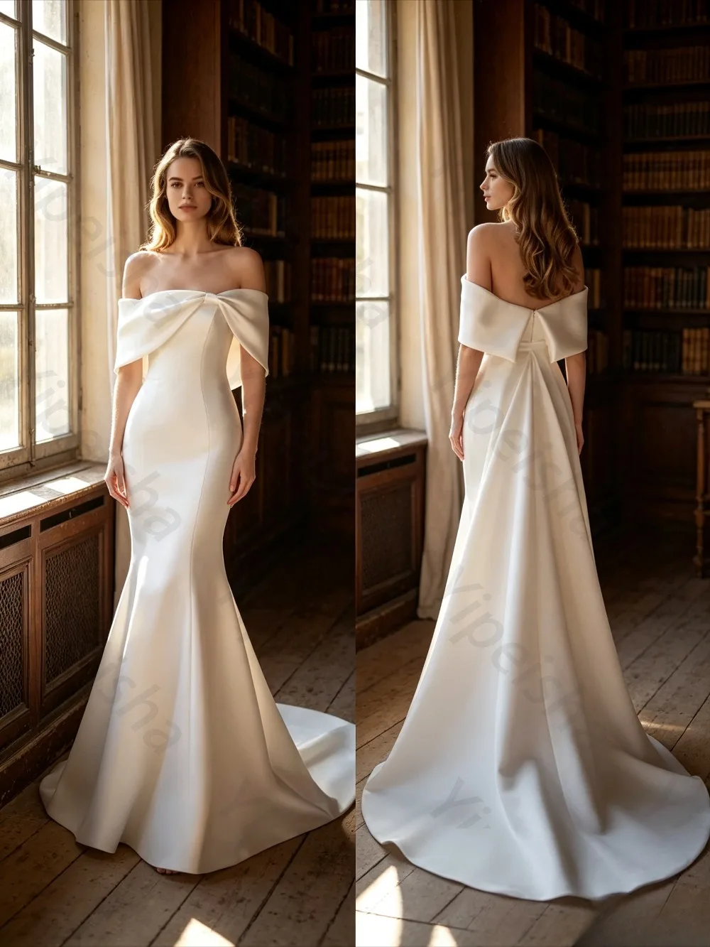 Customized French Off Shoulder Satin Mermaid Wedding Dress 2026 Bow Detail Zipper Fitted Silhouette Bridal Gown Outdoor Ceremony
