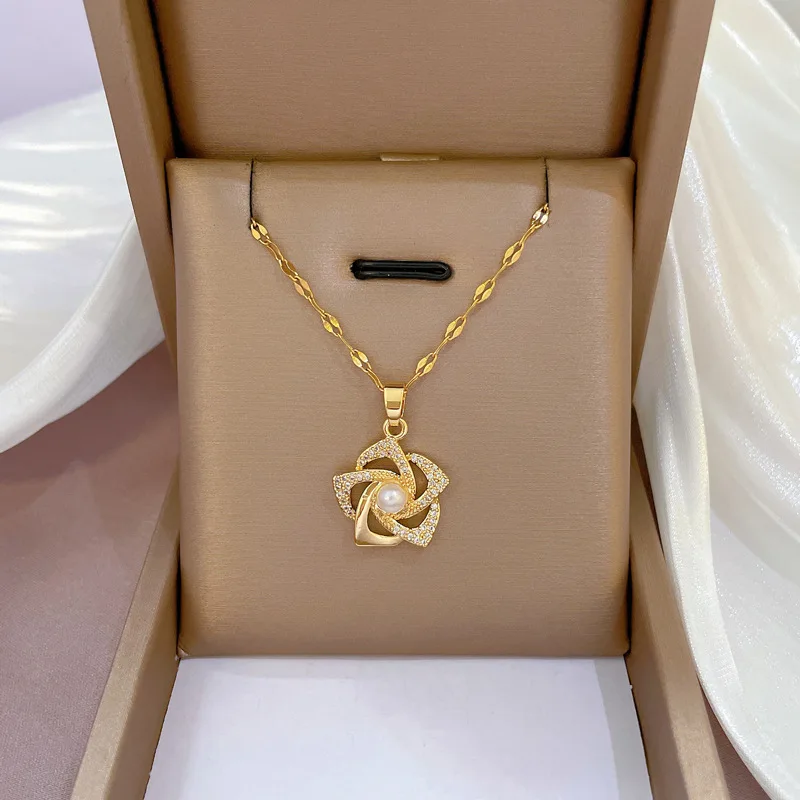 

Spinning Floral Flower Pendant Necklace for Women Zircon Titanium Steel Gold Color Luxury Jewelry Accessories