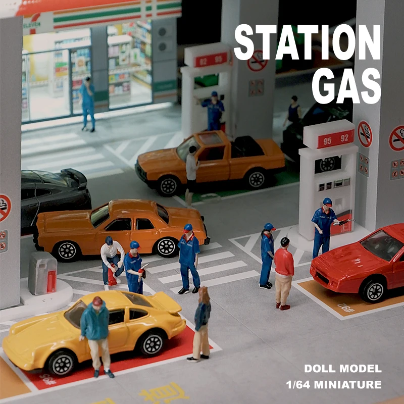 Kicarmod 1/64 Scale Model Gas Station Employee Figurine Collectible Doll Exquisite Figure for Fans in Scale Diecast Model Car