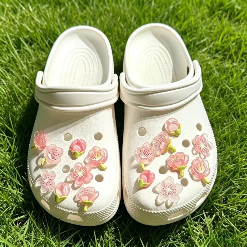 New Elegant Women DIY Hole Shoes Charms for Cute Sakura Shoes Accessories White Pink All-match Shoe Decorations Fashion Bundle