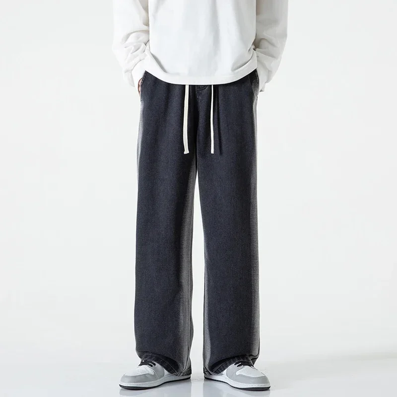 Celana Jeans Pria Model Baggy Straight Fashion Motif Garis Tie Dye Pinggang Elastis Tali Serut Kasual Vintage Denim Streetwear