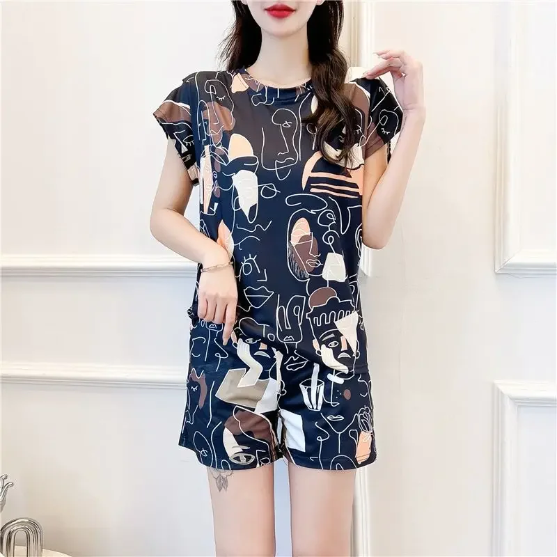 American Black Abstract Face Graphic Suits Two Piece Sets Outifits Flying Sleeve T-shirt and Shorts Pant Summer Loose Beach Tops