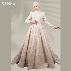 Sansa Luxury Muslim High Neck A-line Wedding Dress Glitter Sequins Long Sleeves فستان حفلات الزفاف Shiny Sequins robes de soirée