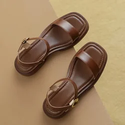 Sandalias de verano para mujer, sandalias de cuero de lujo, sandalias con punta abierta y punta cuadrada, cómodas sandalias con plataforma de tacón de bloque