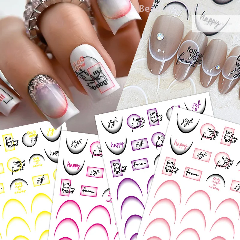 

New3D Gradient French Line Nail Stickers Rose Red Black Stripe Lines Sliders Nail Accessories Manicure Flower Butterfly Adhesive
