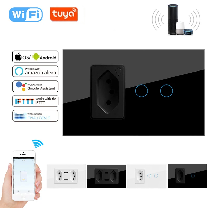 

WIFI Smart Brazilian Standard Socket South America APP Voice Remote Control Wall 1/2Gang Touch Light Switch Socket