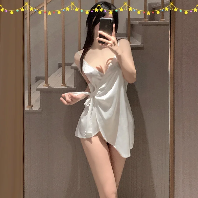 

1094 Women Elegant Satin Tie Front Strapless V-Neck Nightgown Summer Ice Silk Lingerie Dress Chic Sleepwear Comfortable Bedroom