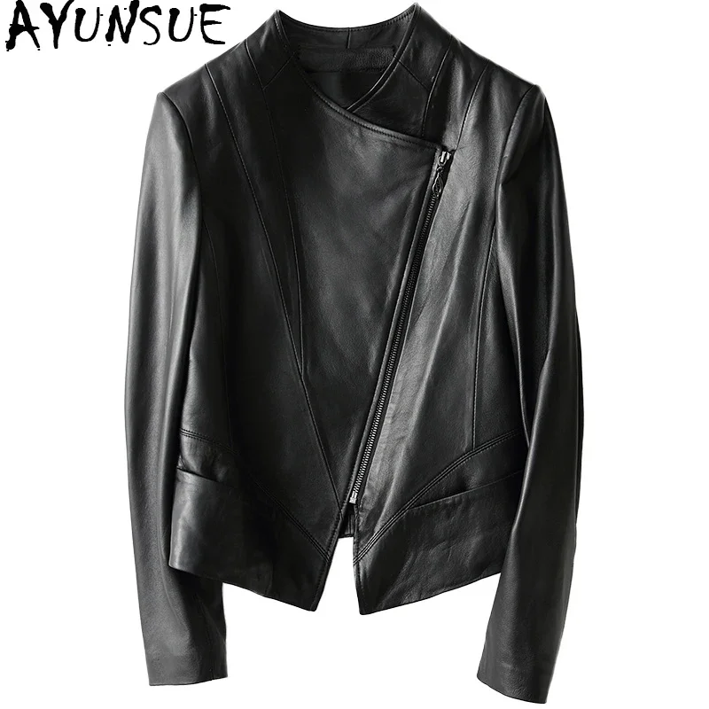 AYUNSUE-Veste en cuir véritable pour femme, manteau en peau de mouton véritable, vestes minces noires courtes, décontracté, printemps, automne,