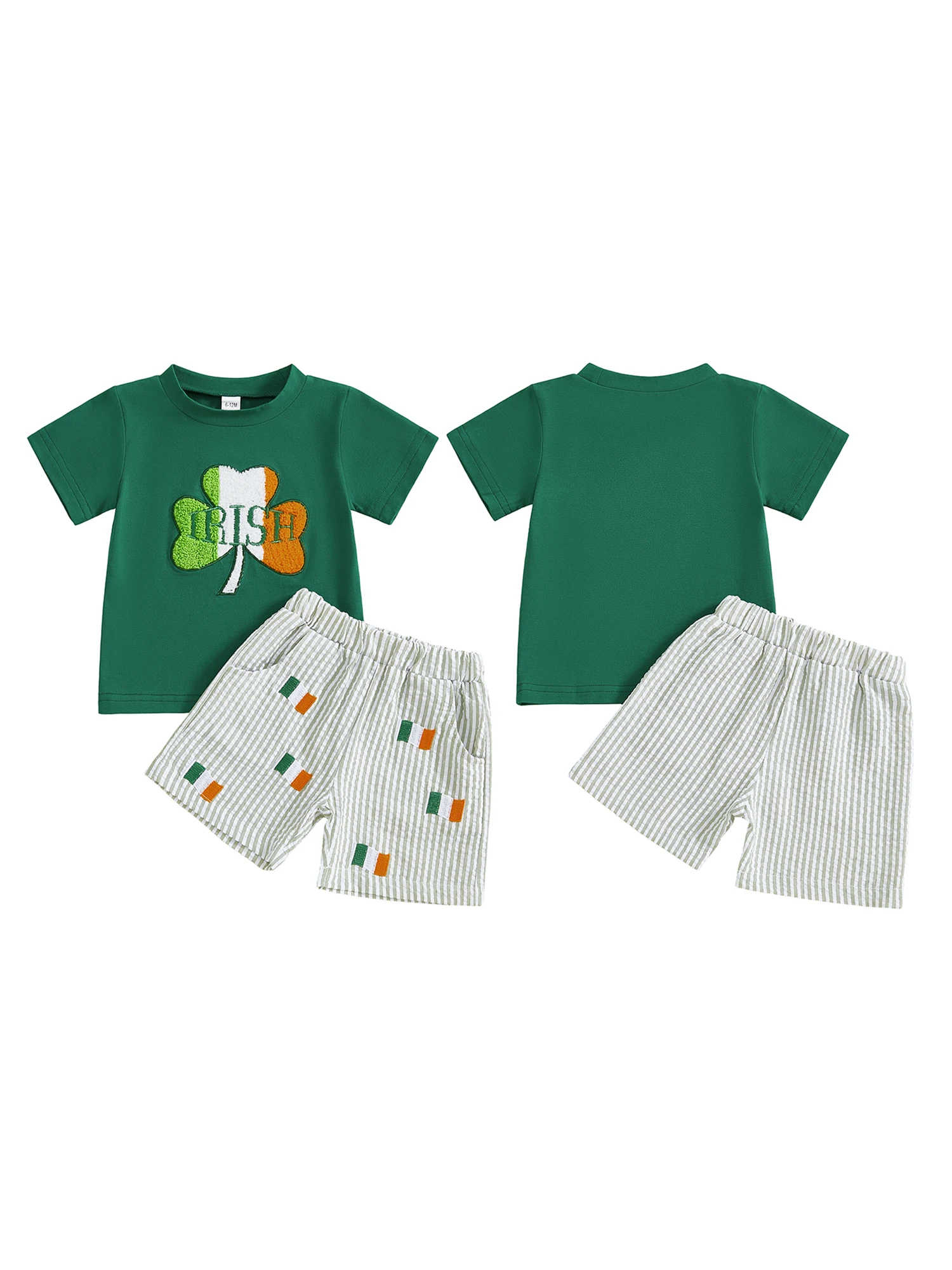 

Boys St Patrick s Day 2 Piece Outfits Short Sleeve Crew Neck Letter Shamrock Embroidery Tops and Striped Shorts Set for Irish
