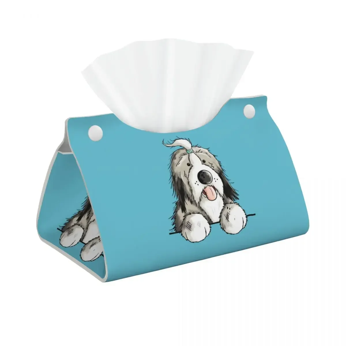 Custom Happy Bearded Collie Dog Tissue Box Cover Rectangular PU Leather Pet Animal Facial Tissue Box Holder for Bathroom Toilet