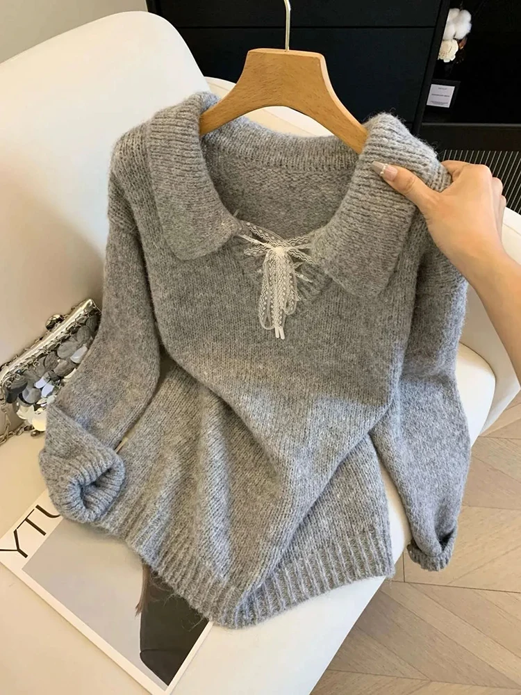 

Кружевной бандажный вязаный свитер женский корейский ленивый ветер свободные универсальные пуловеры с милым бантом повседневные джемперы с длинным рукавом и v-образным вырезом