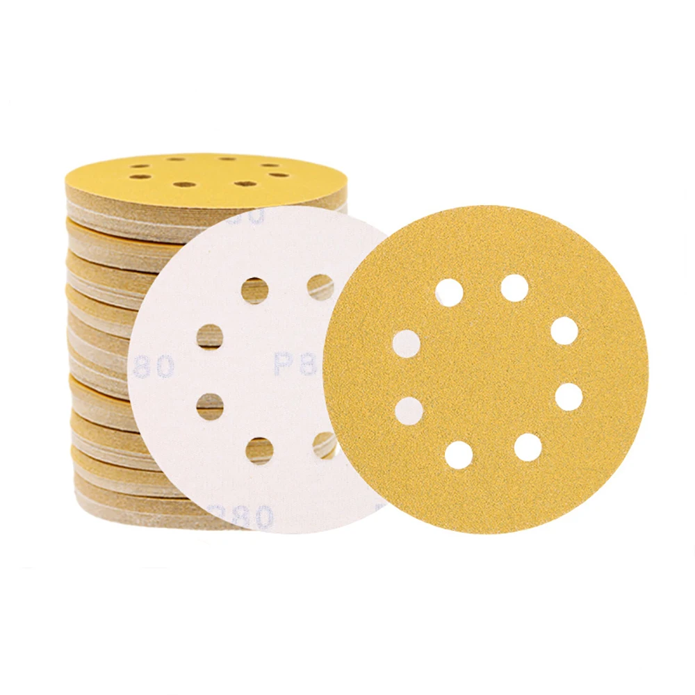

10PCS 125mm Yellow Sandpaper With 8 Holes Hook Loop Sandpaper 40-800 Grits 5Inch Sanding Disc Abrasive Tools For Wood Car Metal