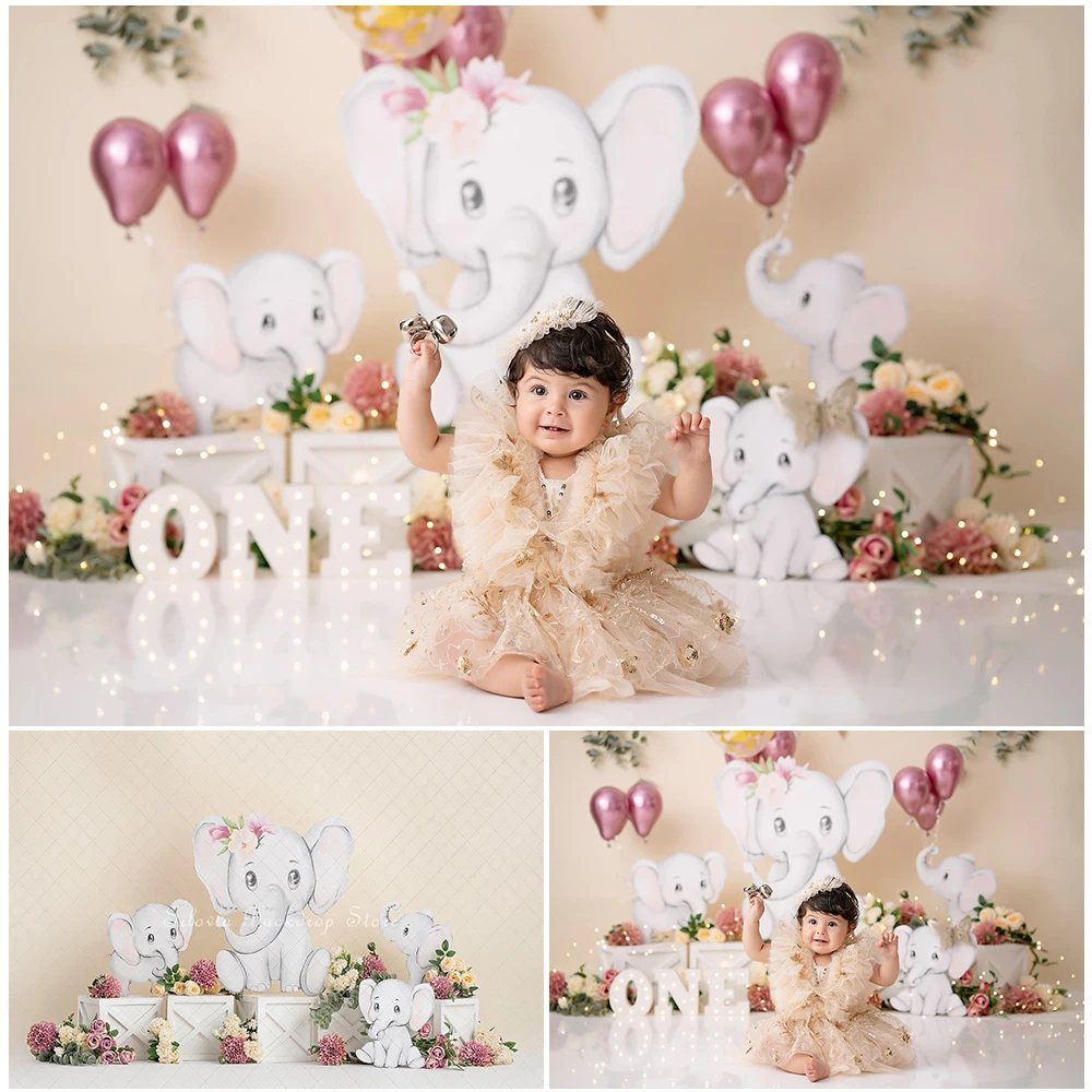 

Elephant Garden Photo Background Girl Birthday Party Cake Smash Photography Backdrop Flowers Balloons Photo Studio Prop