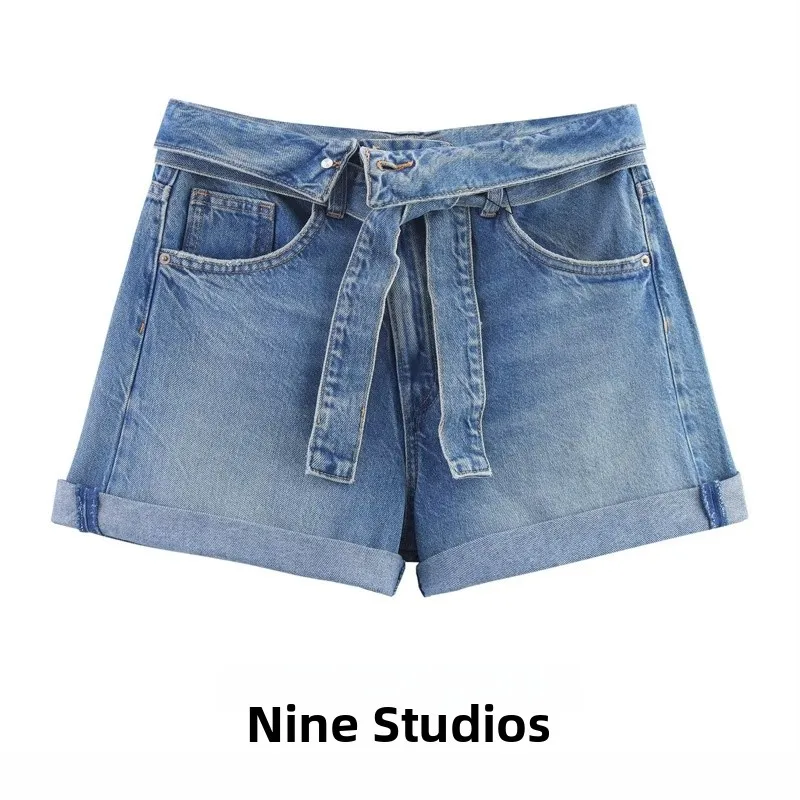 

High Waist Casual Denim orts for Women with Belt Versatile Loose Fit Summer Faion High Waist Wide Leg Pants