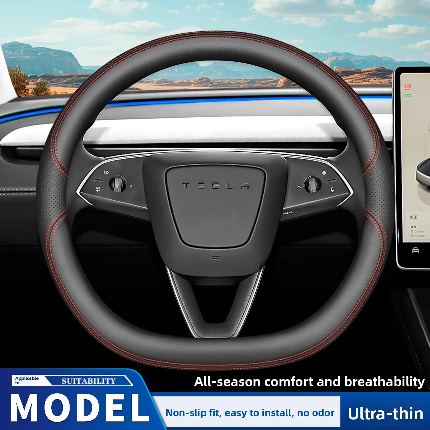 

Leather Car Steering Wheel Cover for Tesla Model Y 3 2025 2026 Accessories