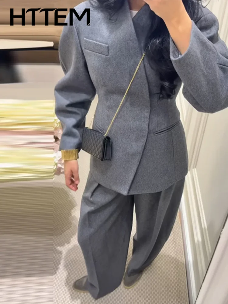 Autumn Solid Woolen Coat Trouser Suit Women Casual Lapel Closed Waist V-Neck Coats Straight Pants Set 2026 Lady New Suit