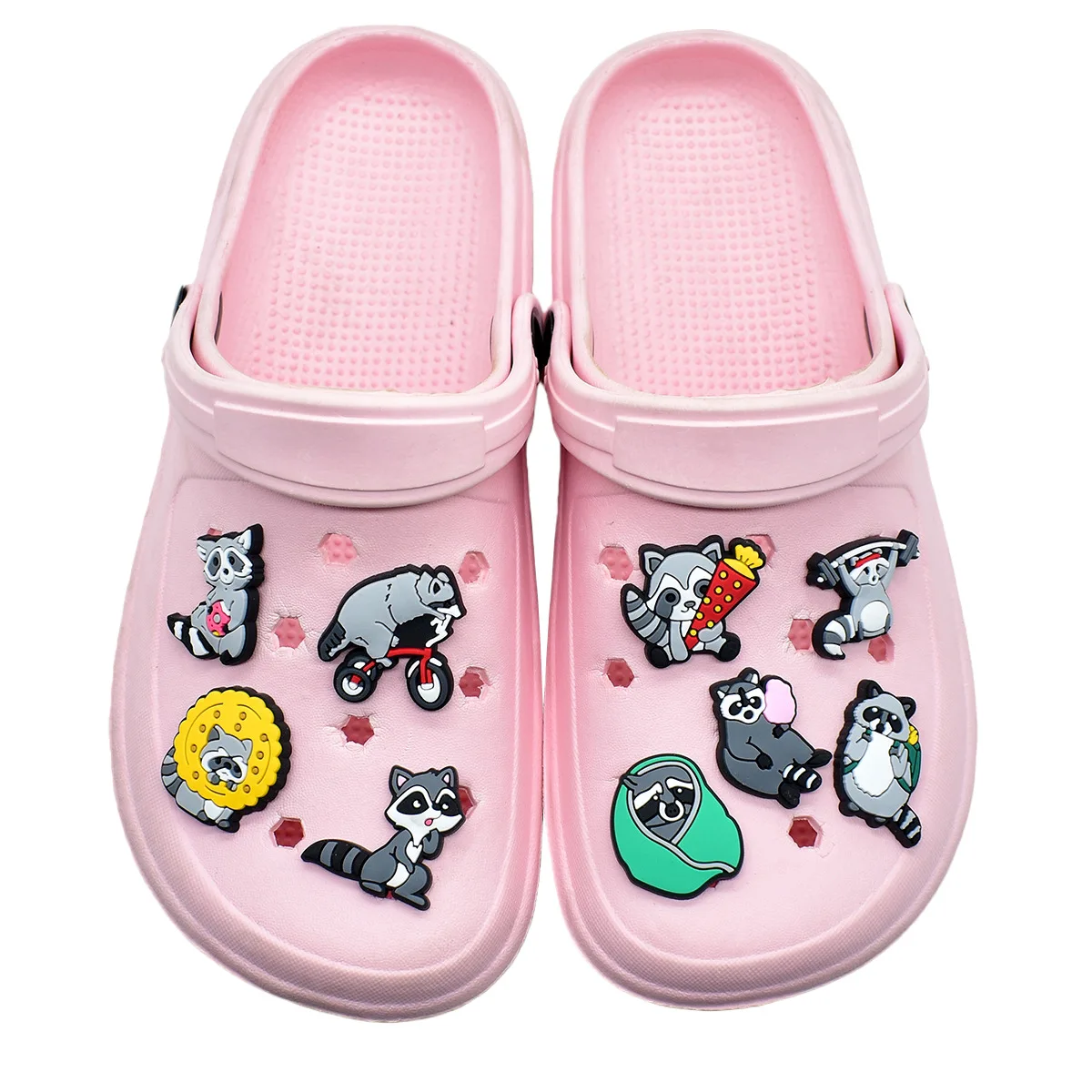 12 قطعة سلسلة حيوانات الراكون الأحذية السحر اكسسوارات الأطفال زينة الأحذية صالح معصمه قباقيب صندل الاطفال هدية عيد الميلاد