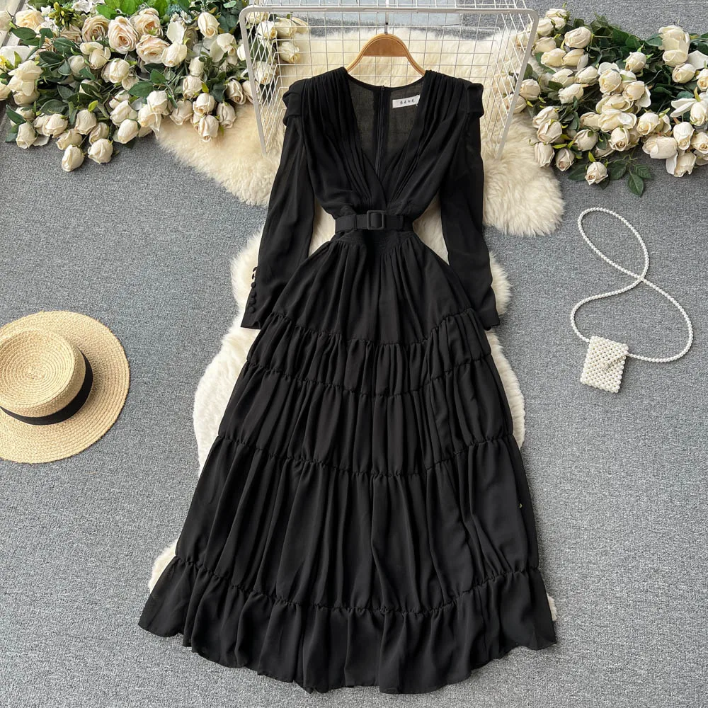 Retro Solid Elegant Pleated V-neck Dress A-line Long  Sleeve  Casual  High Waist Dress Women Summer