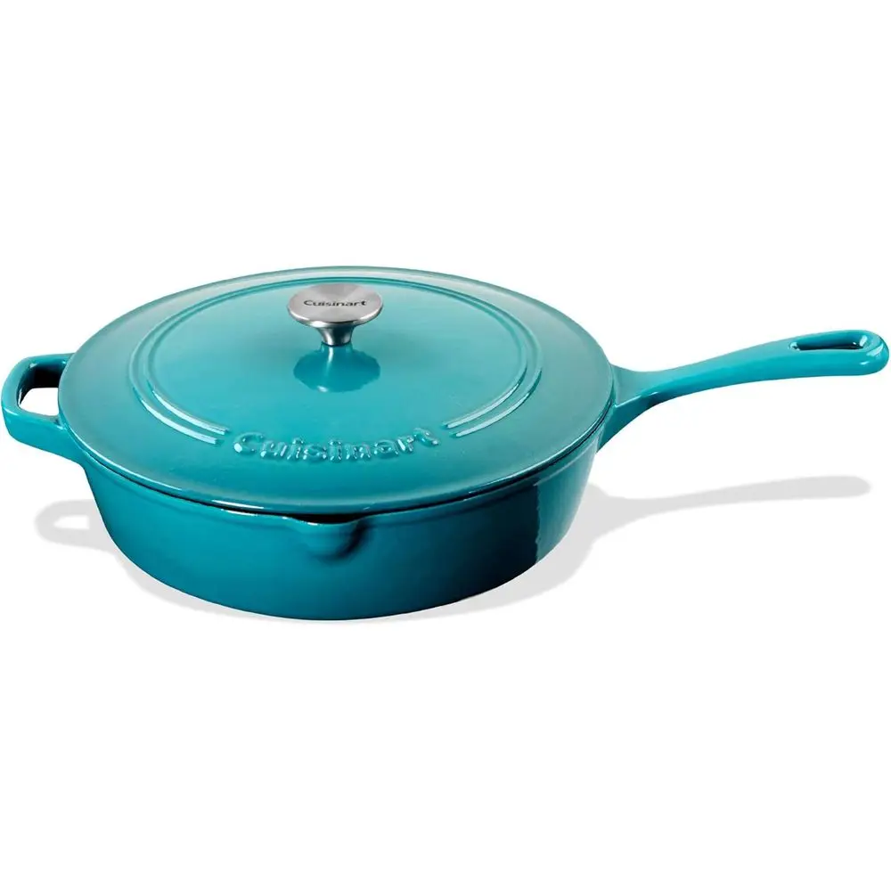 

Inch Cast Iron Chicken Fryer with Lid, 4.5 Quart Capacity, Porcelain Enameled Interior, Oven Safe, Induction Compatible, Teal Gr
