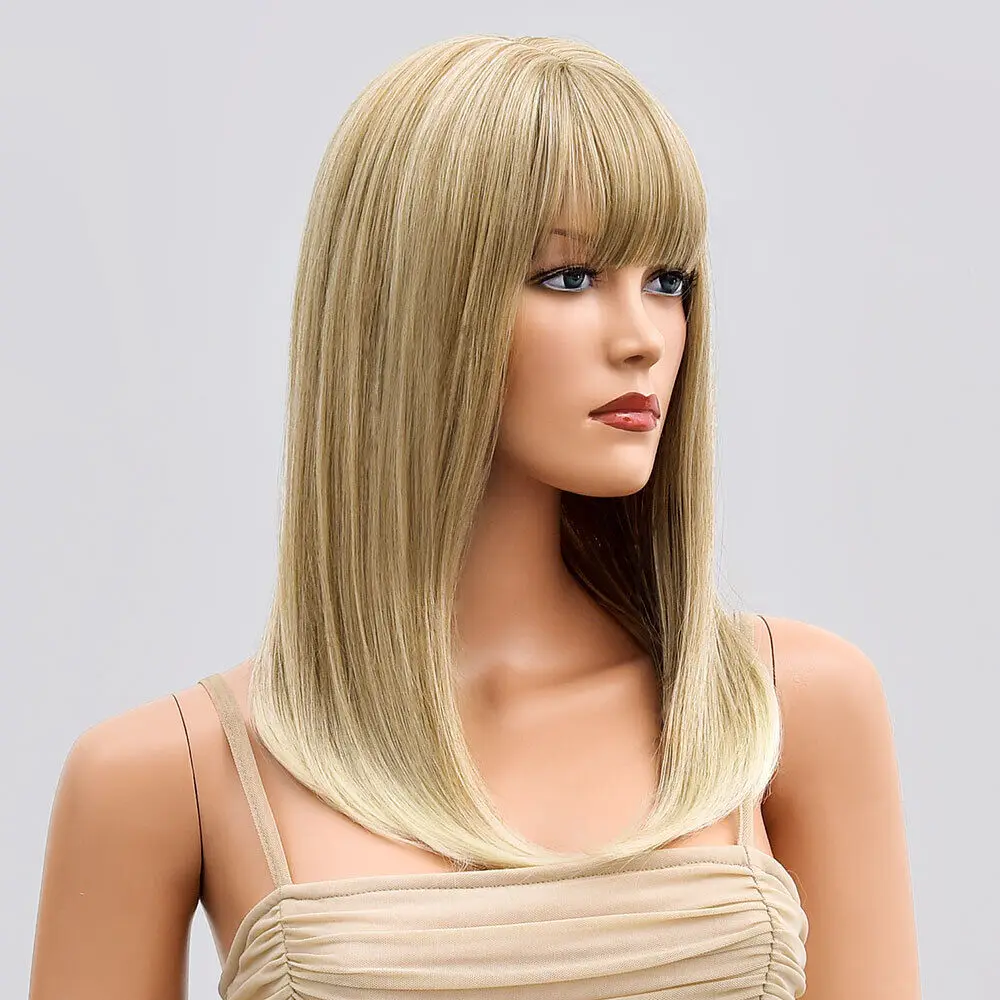 Blended Blonde Bob Straight Dress Up Wigs With Fringe Heat Resistant Hair