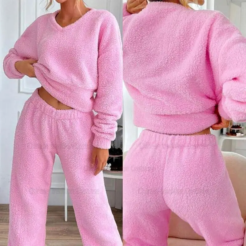 

Теплые брюки с длинными рукавами и эластичной резинкой на талии, женские костюмы из кораллового флиса, удобный комплект, осенне-зимняя женская одежда, комплект из 2 предметов
