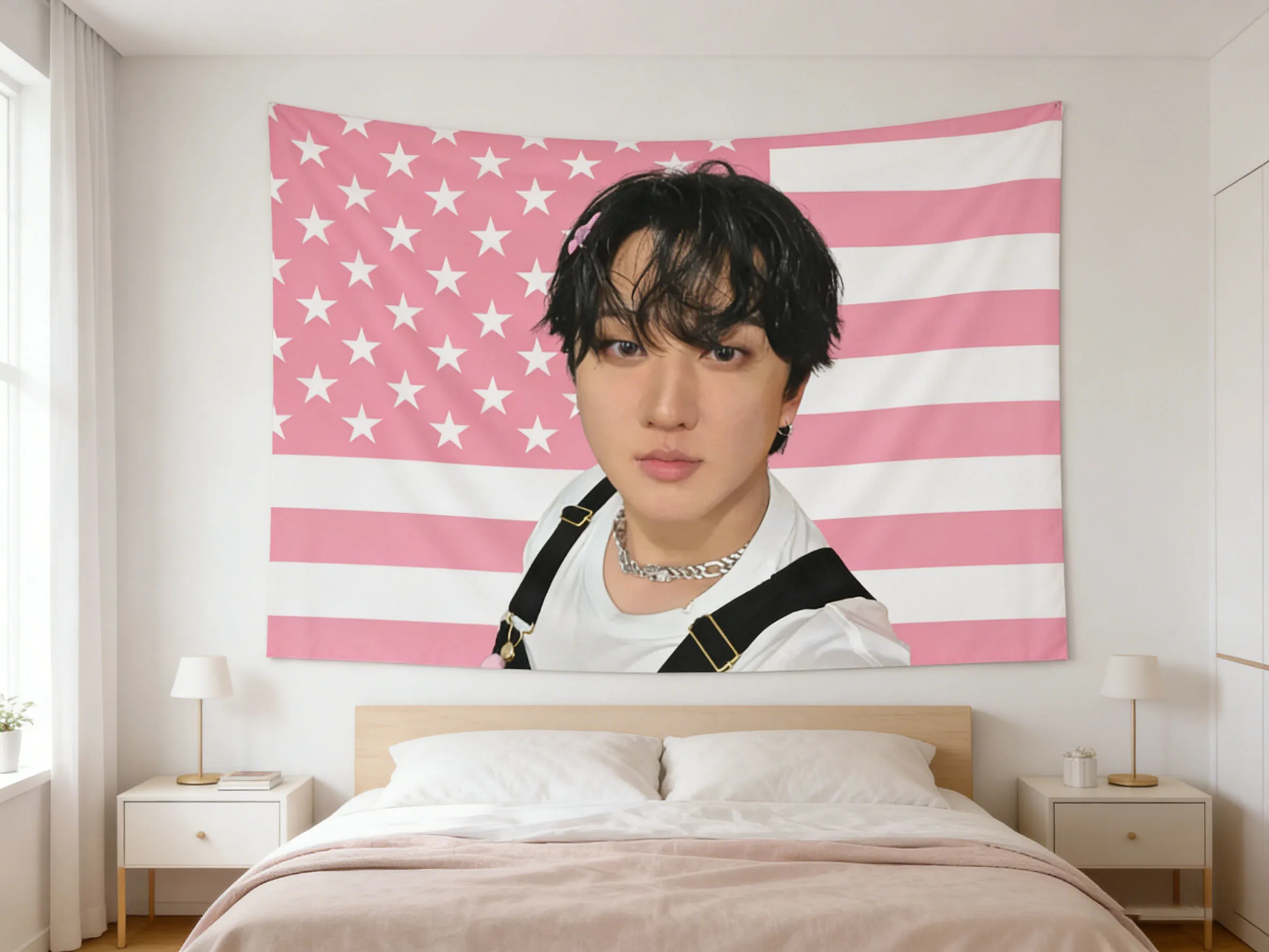 1pc K-pop Changbin Pink American Flag Tapestry For Fans Perfect Gift Suitable For Bedroom Dormitory Aesthetic Wall Hanging Decor