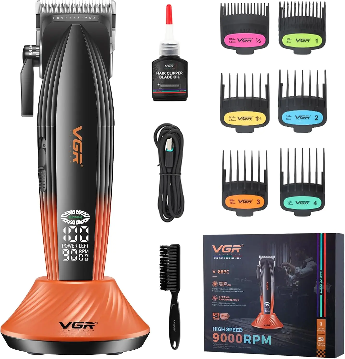 Professional Cordless Hair Clippers for Men, 9000RPM with Ceramic Blades, 6 Guide Combs, LED Display & USB Charging Base