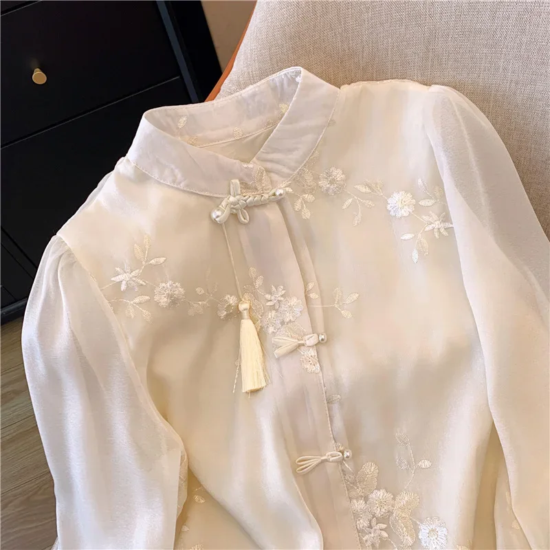 Chiffon Chinese Style Women\'s Shirt Summer Vintage Embroidery Blouses Loose Long Sleeves Women Tops Fashion Clothing