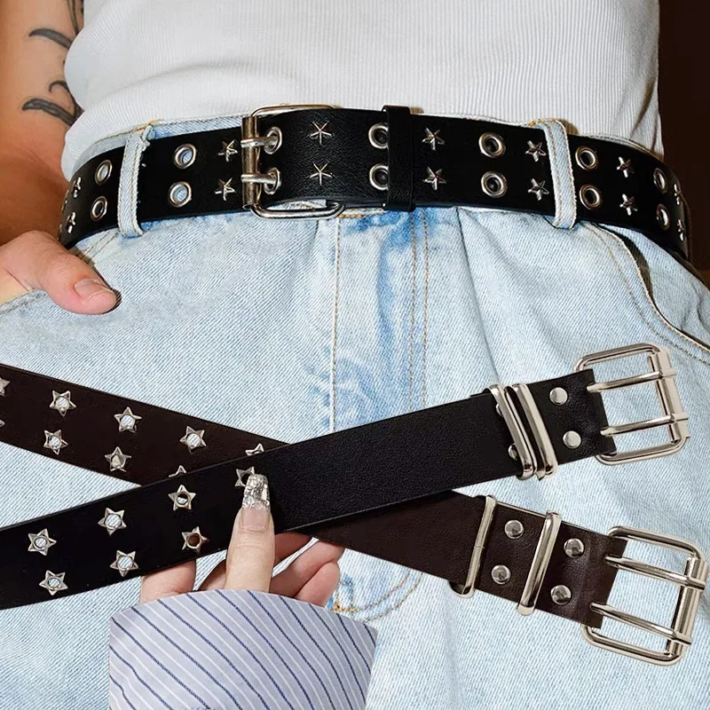 Retro Hollowed Out Star Belt Fashionable Hip-hop Men Women Girdle Fashion Denim American Double Breasted Buckle Belt Accessories