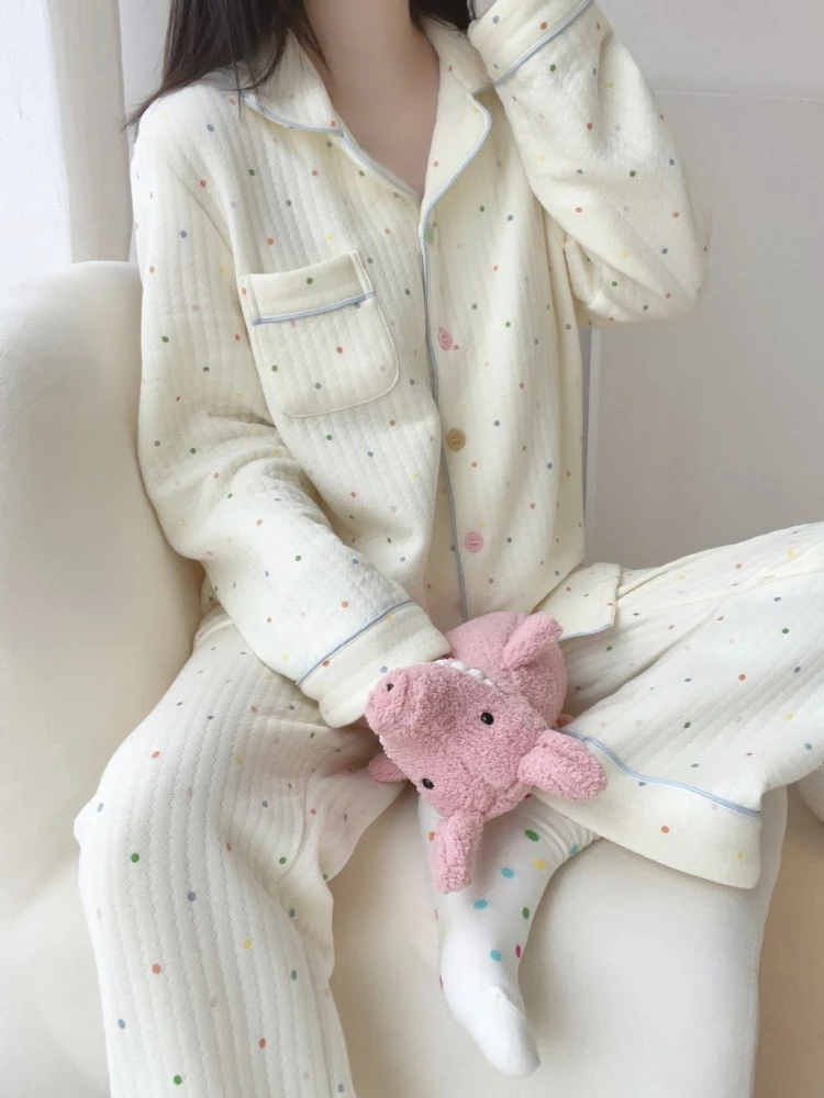 Pyjama Sets Voor Vrouwen Kleurrijke Polka Dot Schattige Herfst Winter Meisjes Nachtkleding Thermische Mode Studenten Gezellige Lange Mouwen Huiskleding