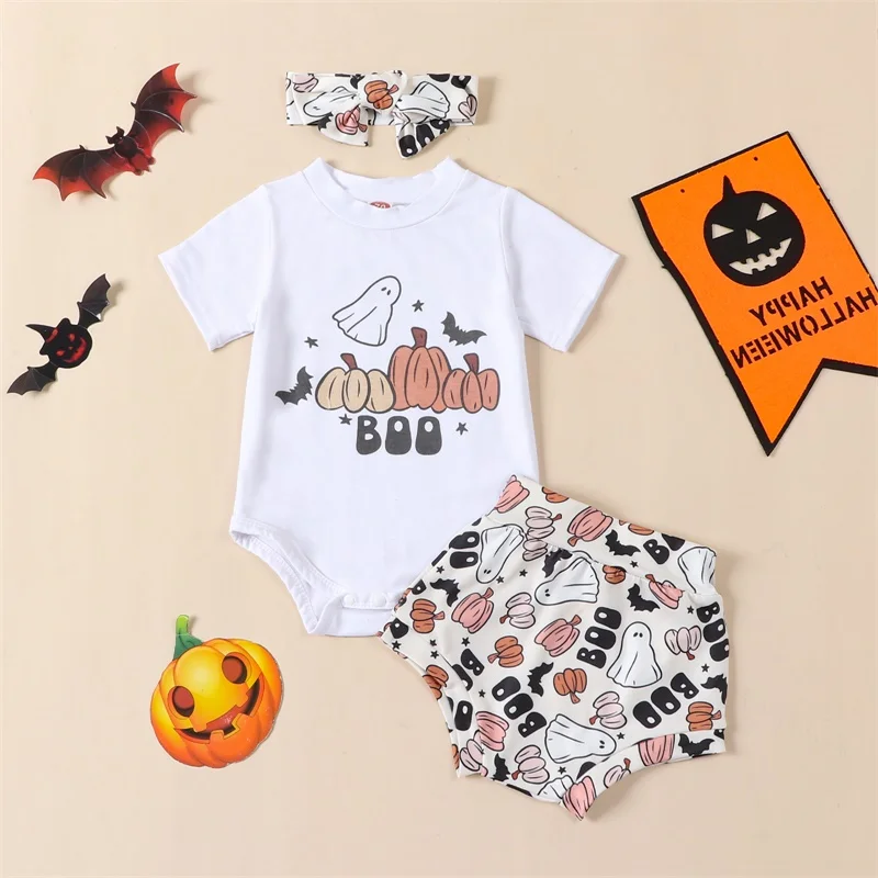 

Adorable Toddler Halloween Costume Set with Pumpkin Ghost Print Romper Shorts and Bow Headband for a Spooky Cute Look