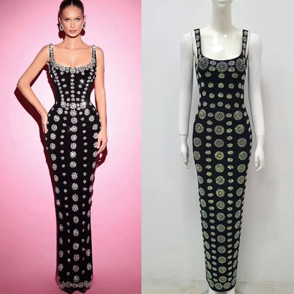 

Elegant Black Sleeveless U-Neck Long Dress Sparkling Bead Embellished Wraparound Gown for Social Gatherings And Parties