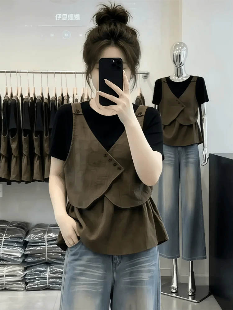 

Unique Retro Color Block Short Sleeve Shirt Women's Summer Thin Slimming Tummy Covering Fake Two-Piece Top Casual Style High ...