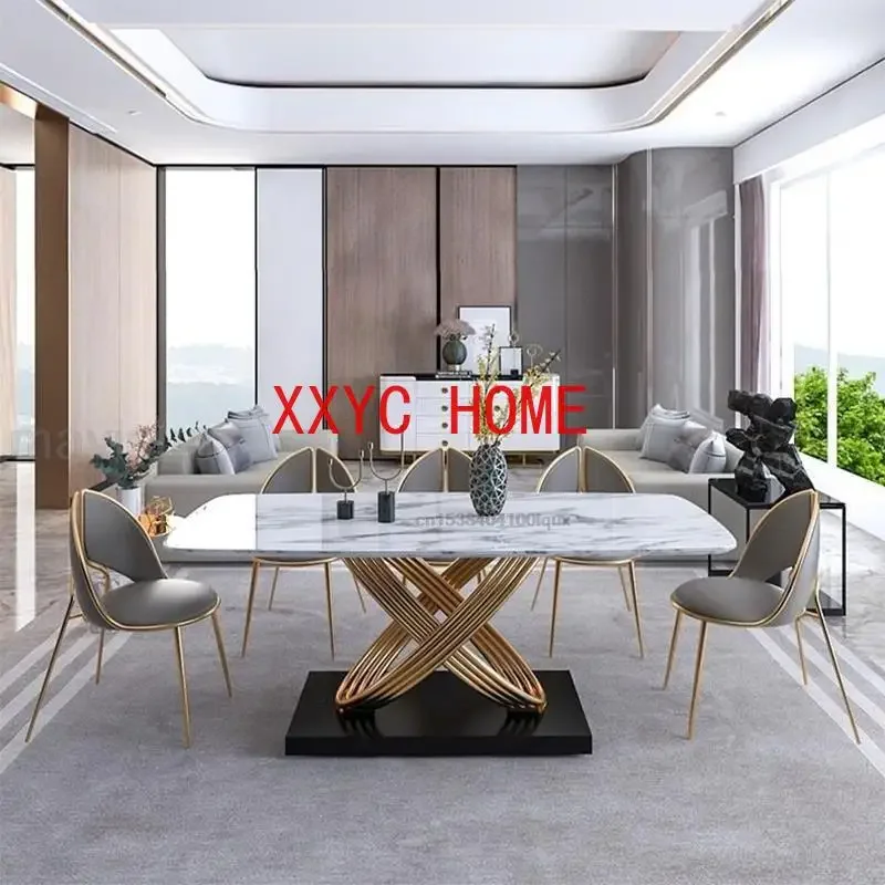 Modern Dining Table With Stainless Steel Finish Black White Desk Top For Six People Home Rectangle Luxury Marble Kitchen Table