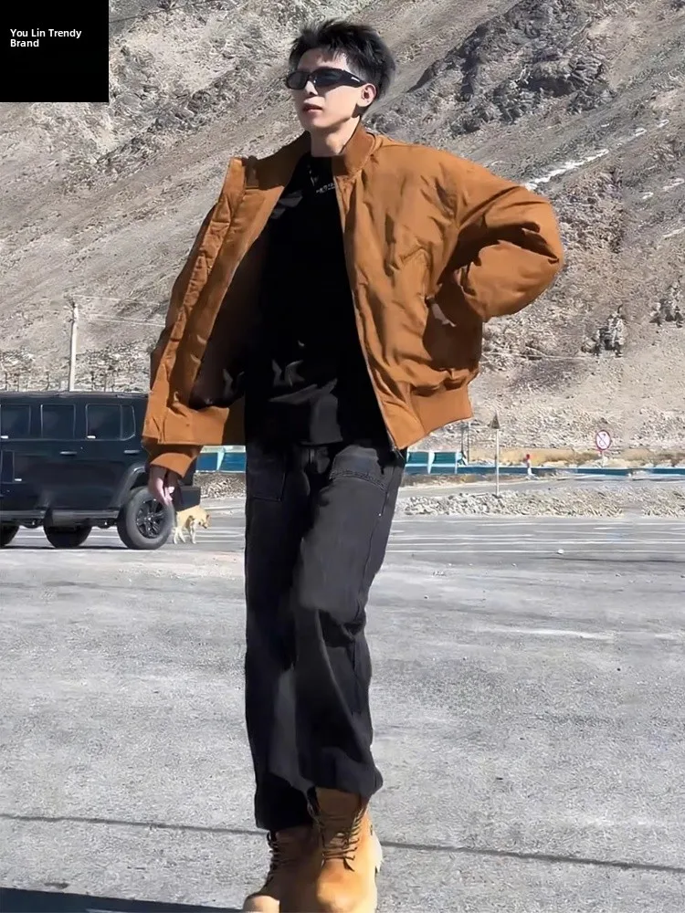 Brown Short Stand Collar Jacket Men's Winter Cleanfit Cotton Pilot Jacket American Retro Style Youth Casual Wear Resistant