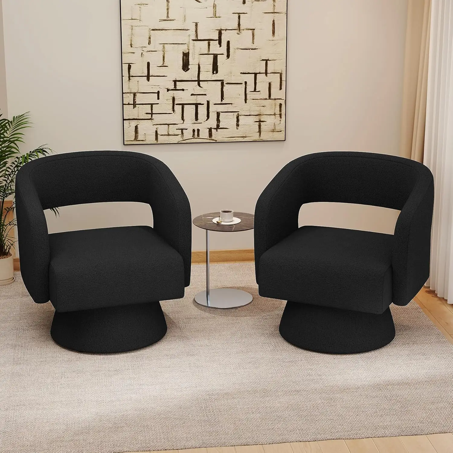 Swivel Accent Chair Set 2 Teddy Fabric Barrel Comfy Oversized Upholstered Round Arm Living Bedroom Reading Black, Customized