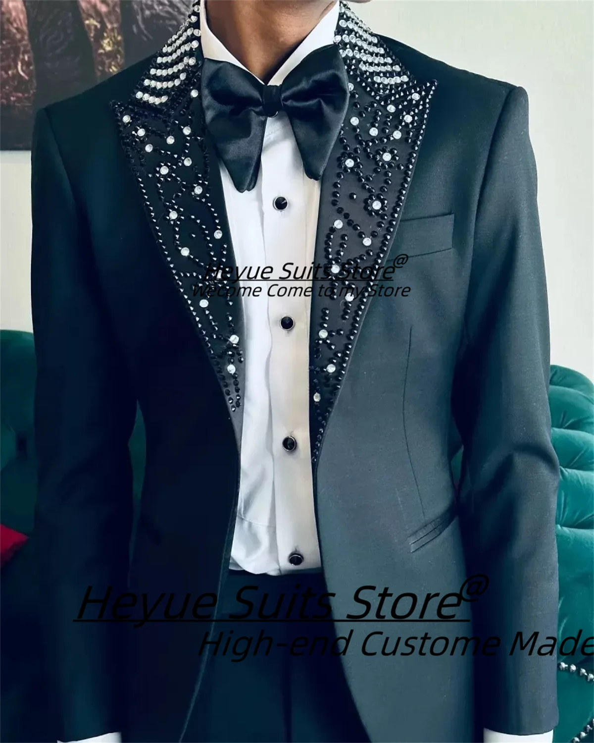 Handsome Charming Black One Button Prom Men Suits Gorgeous Beading Peaked Lapel Groom Wedding Tuxedos 2 Pieces Sets Ropa Hombre