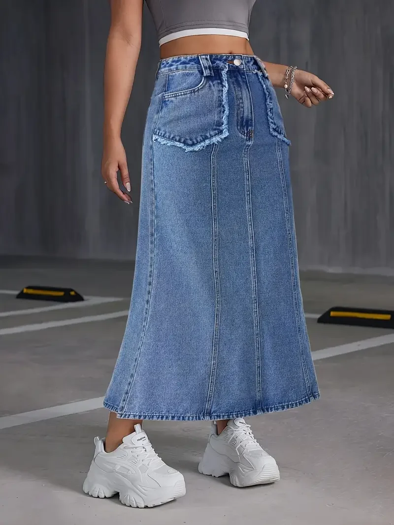 Women's Mid-Length Skirt New Style Stretch Denim Fabric with Pockets Joint Bones Feature view 5
