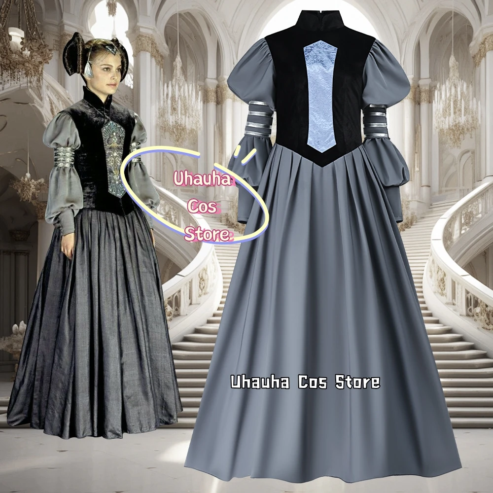 {Uhauha cos} rainha amidala cosplay vestido gótico traje medieval renda retalhos alargamento gola alta manga maxi vestido dia das bruxas