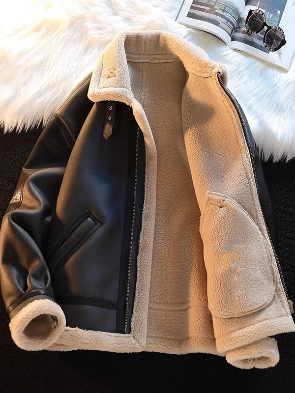 

Lamb Fur Lined Suede Jaet Men's Winter Thiened Warm Cotton Jaet American Retro Sle Zipper Closure Long Sve Coat