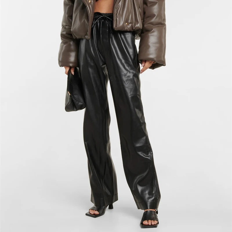 

Женские повседневные брюки Nu Retro из протеиновой кожи с высокой талией, эластичные, прямые, широкие штанины, на шнурке, модные, для города