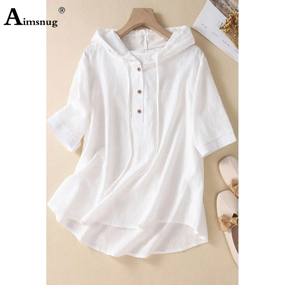 Aimsnug Plus Size Women Casual Linen Blouse Short Sleeve Women's Hooded Top Pullovers 2024 New Summer Loose Shirts Clothing 3XL