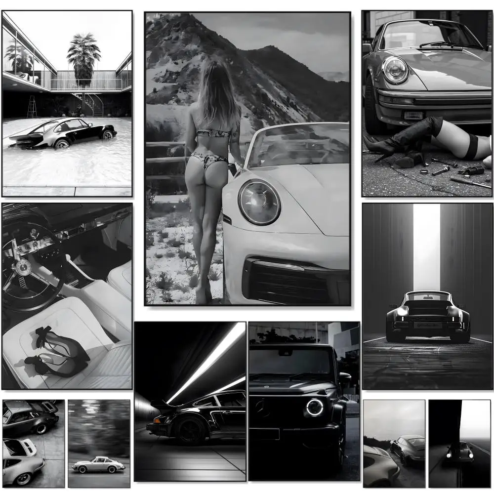 Black White Luxury Sports Car Painting Calligraphy Premium Cotton Canvas Wall Art Poster HD Scratch Resistant Perfect Gift